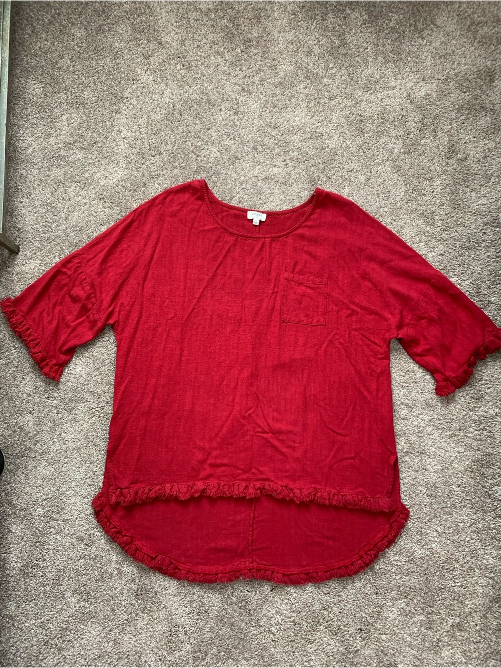 Umgee Relaxed Red Women's Frayed-Hem Linen Cotton Top Pocket Large